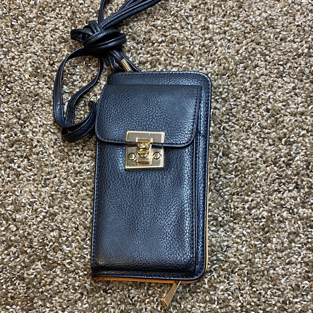 Black Leather Phone Wallet with Gold Accents